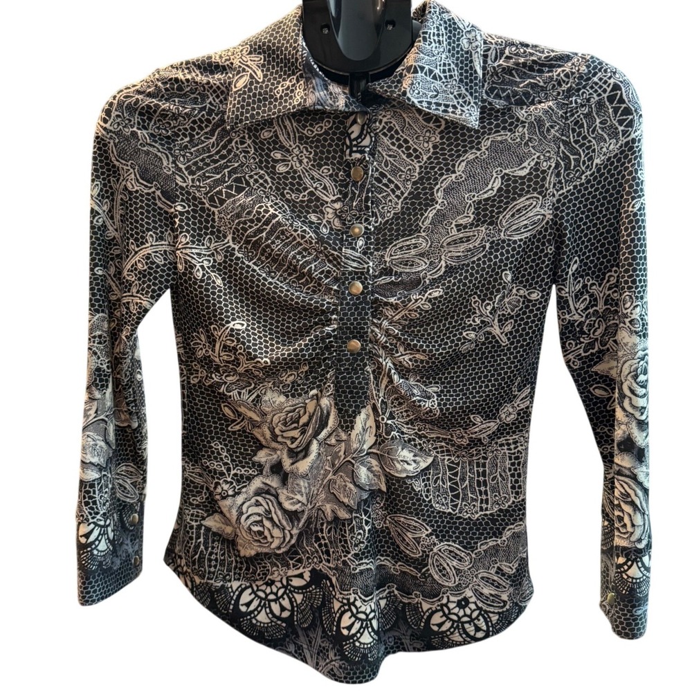 Paris IQ Women Black White Floral Lace Print Ruched Button Front Blouse Small